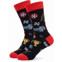 1 Pair of Unisex Socks with Black Base and Colorful Racing Car and Trophy Designs, Red Contrast Heel and Toe, Polyester, Breathable, Fun Mid-Calf Socks Suitable for Everyday Wear