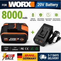 Original Worx 20V 4,0/6,0/8,0Ah Lithium-Akku, wiederaufladbar, WA3553 WA3551 WA3553.1 WA3570 für alle WORX Elektro- und Gartenwerkzeuge.
