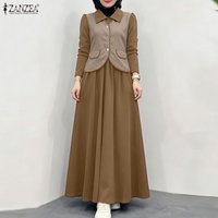 Women Muslim Modest Fashion Maxi Dress Turn-Down Collar Long Sleeve A-line Long Dresses ZANZEA Contrast-Color Abaya Robes Femme