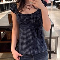 Teen Girl Square Collar Short Sleeve Milkmaid Tees Women Cutest Babydoll Crop Tops Preppy Vintage Y2K Aesthetic Tie Up T-shirt