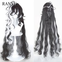 Black Ombre White Highlights Long Wavy Synthetic Wigs with Bangs Anime Game Cosplay Fluffy Wig for Daily Party