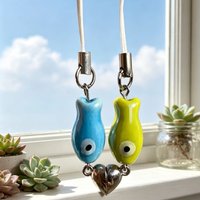 2pcs/set Magnetic Matching Ceramic Green Fish Keychain Duo Set Phone Bag Charm, Cute Gifts for Best Friend, Him