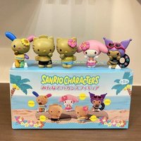 Anime Figure Sanrio Hello Kitty Kuromi Melody Black Skin Kt Cat Summer Seaside Vacation Series Blind Box Toy Ornament Kid Gifts