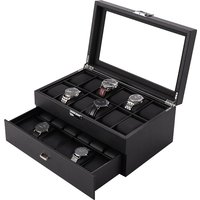 Boîte de montre de luxe en cuir PU noir, Double couche, 24 fentes, vitrine avec verre carré, rangement de bijoux en Fiber de carbone