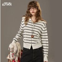 ELFSACK 2025 Autumn New Arrivals Casual Classic Soft Navy Collar Silver Zipper Striped Knitted Cardigan For Woman