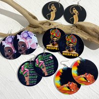 AENSOA Vintage Wooden Round Earrings Female Graphic Drop Temperament Exaggerate Multiple Cartoon Pattern Women's Jewelry 2024