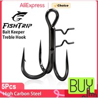 FishTrip 5Pcs Black Bait Keeper Treble Hook High Carbon Steel Sharp Barbed Fishing Hooks for Soft Lures, Replacement Hooks