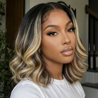 UNice 7x5 Lace Black With Blonde Highlights Face-framing Layers Wavy Bob Human Hair Wig With Drawstring WeaGlueless Wig