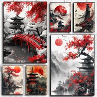 Samurai Warrior Red Moon Canvas Painting Japanese Natural Landscape Mountain Temple Posters Vintage Wall Art Prints Home Decor