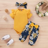 Neugeborenes Baby Mädchen Kleidungsset Kleinkinder Mädchen Kurzarm Body + Blumenhose mit Schleife + Stirnband 3-teiliges Outfit für 0-18 Monate