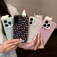 Pink Flower With 3D Cute Cat Leather Case For iPhone 17 11 16 15 Pro Max Air Cover iPhone 12 13 14 Pro Max 16 Plus Funda Cover