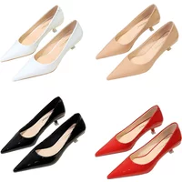 Women 4.5cm High Heels New Fashion Work Evening Banquet Pumps Lady Versatile Pointed Toe Low Heels Red Nude Patent Leather Shoes