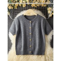 Simple Women's Knit Cardigan Spring Summer Solid Color Casual Short Sleeve Round Neck Sweater