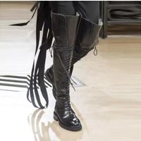 British Style Black Shiny Matte Leather Round Toe Cross Tied Lace Up Front Flat Over The Knee Boots Leisure Thigh Long Boots