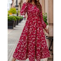 Summer casual elegance suitable for vacation beach flowers floral print waist cinching round neck long sleeved dress long skirt