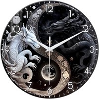 1pc glass wall clock, Oriental mythology black and white dragon design wall clock, home mute clock, decorate the living room