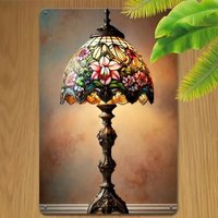 Vintage Lamp Illustration Metal Wall Art Floral Design Iron Plaque Spring Easter Gift for Bedroom Living Room Decor