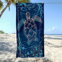 Neon Line Sea Turtle Microfiber Beach Towel, Dark Blue Ocean Life Bath Towel, Aesthetic Mystic Animal Travel Blanket for Women
