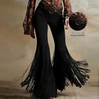 Solid Color Suede Tassel Pants Splicing Design Streetwear Retro High Waist Trousers Fringe Hem Boho Style Slim Fit Flare Pants