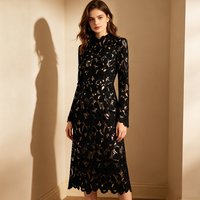2026 new lace hollow embroidery dress asymmetric jacquard long sleeved zipper wrapped hip skirt small stand up collar