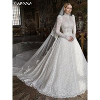 Modest High Collar Long Sleeve Wedding Dress Elegant Lace Dress For Bride Vintage A-line Bridal Gown Customized Robe De Mariée