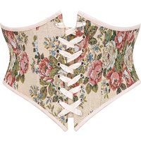 Beige Vintage Floral Printed Victorian Gothic Short Underbust Waist Trainer Lace Up Renaissance Corset Belt Slimming Shapewear