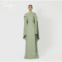 SSYTENS Sage Green High Neck Evening Dresses Pearls 2025 Satin Long Sleeve Mermaid Floor-length Wedding Party Dresses Customized