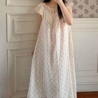 Women 100% Cotton Nightdress Princess Lace Round Neck Printing Nightgowns Summer Sleeveless Long Mid-Calf Nightie Sleepwear New