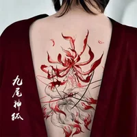 Nine Tail Fox Temporary Tattoo Art Red Flower Fake Tattoo Lasting Tatoo Sticker Sexy Back Waterproof Sticker Tatuajes Temporales