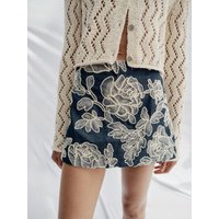 Women's Floral Embroidered Skort, Navy Blue Denim-Style Floral Embroidered A-line Mini Skort, Short Skirt With Built-in Shorts