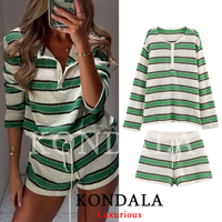 KONDALA Vintage Casual Chic Striped Suit O-Neck Long Sleeve Loose Top Lace-up Shorts New Fashion 2026 Summer Holiday Female Sets