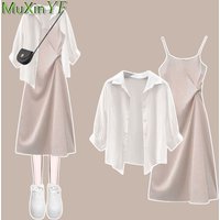 Women's Summer Dress Matching Set 2026 New Fashion Chiffon Sunscreen Shirt Slip Skirt Two-piece Korean Elegant Chic Blouse Suit