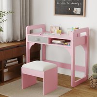 Kids Desk and Chair Set- Lift-Up Tabletop, Children Study Table Ith Cloth Drawers and 2 Pen Holder, Wooden Toddler Learn Table for 3-6 Years Writing, Reading