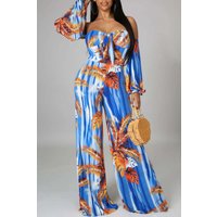 Women Tropical Print Off Shoulder Jumpsuit Long Puff Sleeve Tie Front Cutout Wide Leg Casual Spring Summer Beach Vacation Outfit