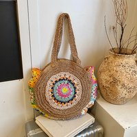 Bohemian Handwoven Round Straw Bag for Women Colorful Floral Print Beach Tote Sweet Elegant Casual Shoulder Purse for Vacation