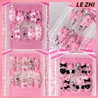 Retro Pink Girlish Style 3D Love Diamond Leopard Almond Fake Nail Glitter Powder Bowknot Pearl Crown Nail Art Party Stickers