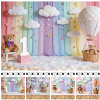 Newborn Baby 1st Birthday Party Decor Backdrop Hot Air Balloon Bear Clouds Baby Shower Baby Portrait Photography Background