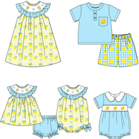 Wholesale Children's Clothing Lemon Bow Print Blue Boy Suit Yellow Girl Suit Newborn Bubble Romper Boutique Children Suit image 4