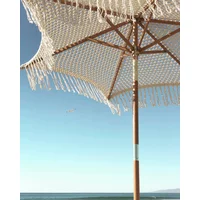 Diameter 2.5m Parasol with Macrame Ropes Handmade Crochet Wooden Cotton Tassels Open Fringe Hotels Patio Umbrella Outdoor