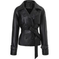 Popular fashion PU leather jacket with double breasted motorcycle jacket and waist belt for slimming women's clothing