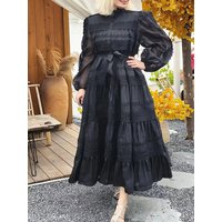 Retro fashion long-sleeved heavy stitching lace dress 2024 spring new women's single-breasted lace waist swing loose dress