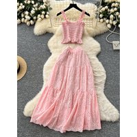 Elegant Hollow out Embroidery Tank Top And High Waist Skirt Set Women's Summer Vacation Fashion Outfit Pure Desire Elast...