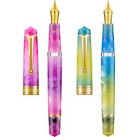 Asvine P20 Piston Fountain Pen EF/F/M/1.1 Nib, Purple / Blue Yellow Acrylic Patterns Golden Clip Smooth Writing Office Pen
