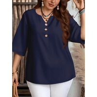 Plus Size Women's Casual Simple Shirt, Suitable for Spring, Summer, Autumn, and Valentine's Day, Solid Color V-Neck Top