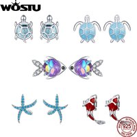 WOSTU 925 Sterling Silver Starfish Stud Earrings Blue Cubic Zircon Earrings For Women Fashion Silver 925 Jewelry CTE136