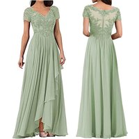 A Line Chiffon V Neck Applique Short Sleeve Mother Of The Bride Dress Outfits Evening Formal Prom Floor Length Zipper Plus Size