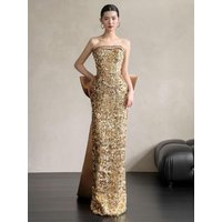 Gold Heavy Work Evening Gown Sequin Hostess Strapless Fish Tail High End Engagement Wedding Dress Elegant Bride Drinking Costume