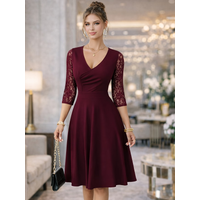 Women Elegant Autumn V-Neck Three-quarter Sleeve Cocktail party Solid Knee Length Swing A-Line Party Dresses