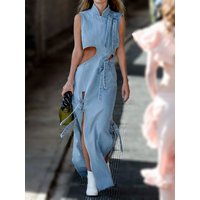 Women Denim Dress Fashion High Waist Hollow Out Long Party Dress Sexy Cutout Sleeveless Thigh Stand Collar Slit Maxi Dresses