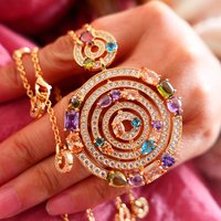 Women's Top Fashion Multi Color Crystal Zircon Big Round Circle Pendant Necklace Gold Plated Party Jewelry Wholesale